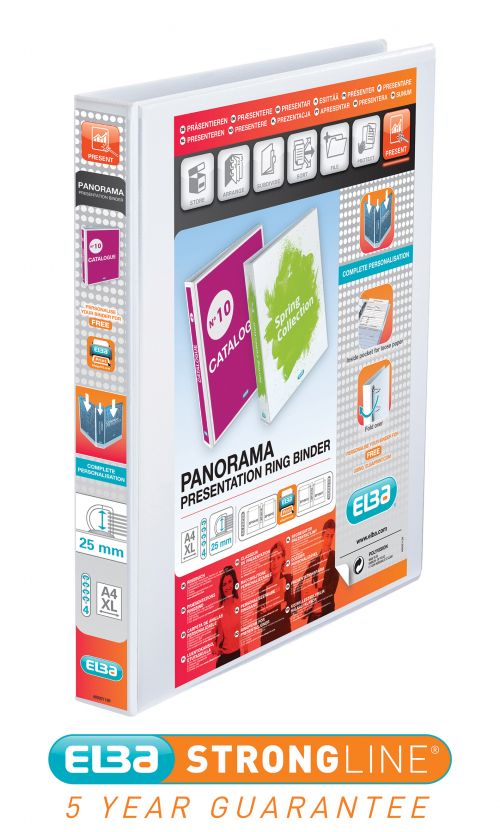 Elba Panorama Presentation Ring Binder Polypropylene 4 D-Ring A4 Plus 25mm Rings White (Pack 10) 400001391