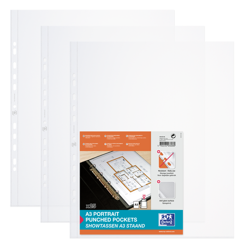 Plastic Pockets Oxford Embossed Punched Pockets A3 Portrait Clear Spine (Pack 25) 400005480