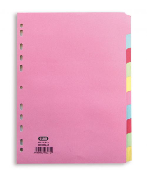 Elba Subject Dividers 10-Part Card Multipunched Recyclable 160gsm Extra Wide A4+ Assorted Ref 400007242