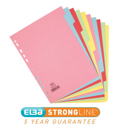 Elba+Subject+Dividers+10-Part+Card+Multipunched+Recyclable+160gsm+A4+Assorted+Ref+400007246