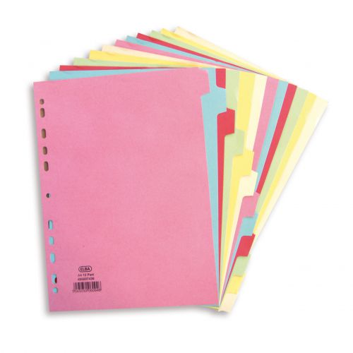 Elba+Subject+Dividers+12-Part+Card+Multipunched+Recyclable+160gsm+A4+Assorted+Ref+400007436