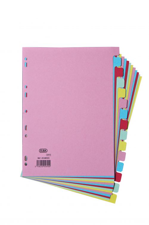 Elba+Subject+Dividers+15-Part+Card+Multipunched+Recyclable+160gsm+A4+Assorted+Ref+400007437