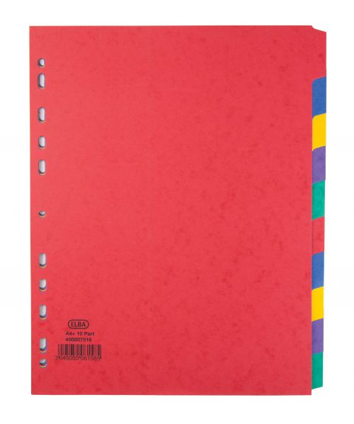 Elba Heavyweight Subject Dividers 10-Part Card Multipunched 220gsm Extra Wide A4+ Assorted Ref 400007516