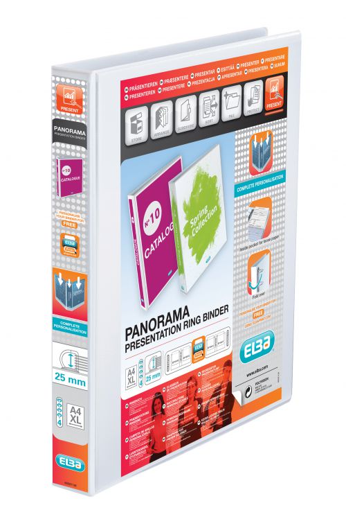 Elba Panorama Presentation Ring Binder PP 4 D-Ring 25mm Capacity A4 White Ref 400008416 [Pack 6]