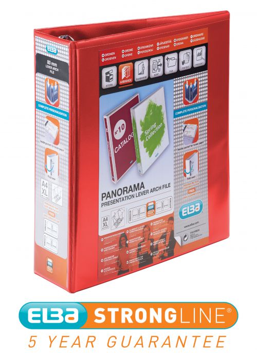 Elba Panorama Presentation Lever Arch File PP 2 D-Ring 70mm Capacity A4 Red Ref 400008437 [Pack 5]