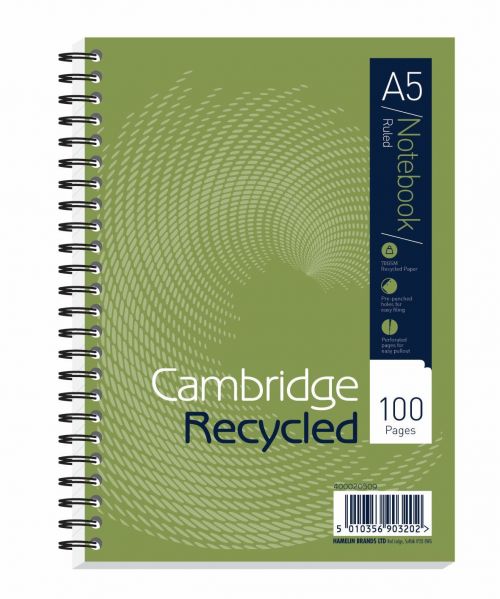 Cambridge Recycled Notebook Wirebound 70gsm Ruled Perf Punched 2 Holes100pp A5 Ref 400020509 [Pack 5]