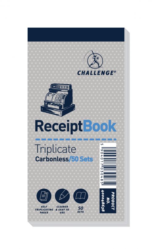 Challenge 140x70mm Triplicate Receipt Book Carbonless 1-50 Taped Cloth Binding 50 Sets (Pack 10)