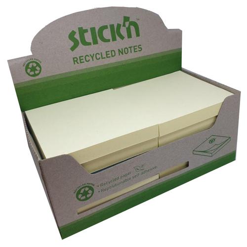 Stickn+Repositionable+Notes+76x76mm+Recycled+100+Sheets+Yellow+%28Pack+12%29+21795