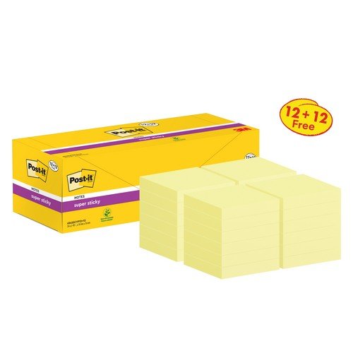 Post-it Super Sticky Notes 76x76mm Canary Yellow 90 Sheets 12+12 FREE (Pack of 24) 654SSCYP12+12 Post-it Super Sticky Notes 76x76mm Canary Yellow 90 Sheets 12+12 FREE (Pack of 24) 654SSCYP12+12