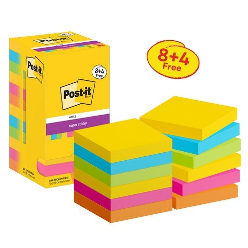 Post-it Super Sticky Notes 76x76mm 90 Sheets Carnival 8+4 FREE (Pack of 12) 654-SSCARN-P8+4 Post-it Super Sticky Notes 76x76mm 90 Sheets Carnival 8+4 FREE (Pack of 12) 654-SSCARN-P8+4