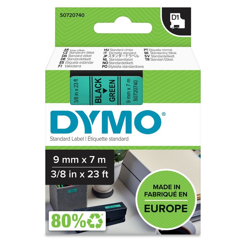 DYMO 40919 D1 9MM X 7M BLACK ON GREEN TA