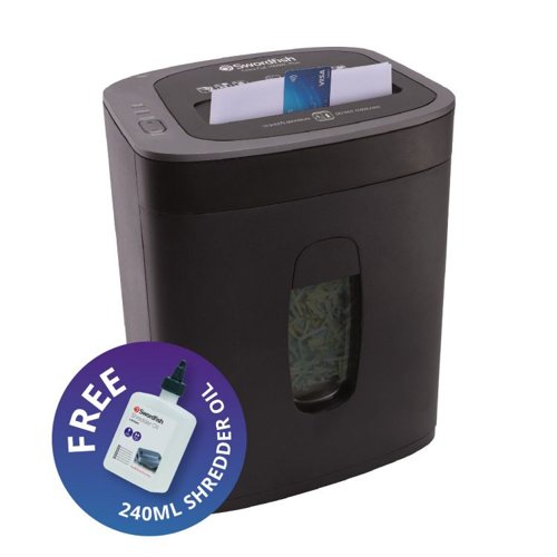 Swordfish 1000XC Plus 10 Sheet Cross Cut Shredder Black with a Free 240ml Bottle of Oil Swordfish 1000XC Plus 10 Sheet Cross Cut Shredder Black with a Free 240ml Bottle of Oil