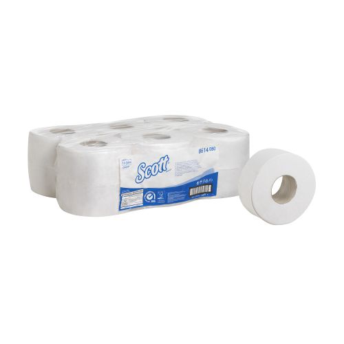 Scott+Mini+Jumbo+Toilet+Rolls+500+Sheets+per+roll+2-ply+400x90mm+White+Ref+8614+%5BPack+12%5D