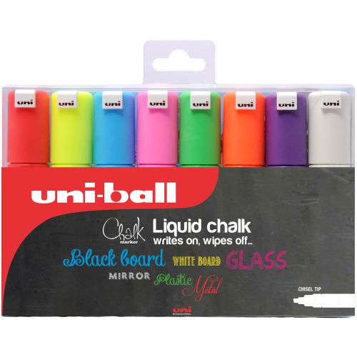 Uni+Chalk+Marker+Broad+Chisel+Tip+PWE-8K+Line+Width+8mm+Wallet+Assorted+Ref+153494343+%5BPack+8%5D