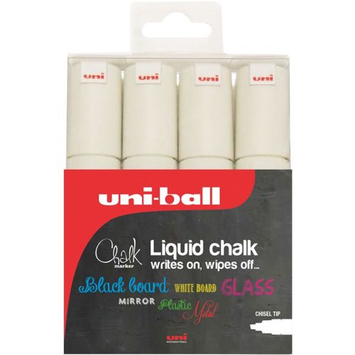 Uni Chalk Marker Chisel Tip Broad White PK4