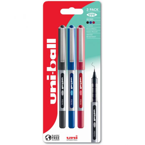 Rollerball Pens uni-ball Eye Micro UB-150 Liquid Ink Rollerball Pen 0.5mm Tip 0.3mm Line Plastic Free Packaging Black/Blue/Red (Pack 3)