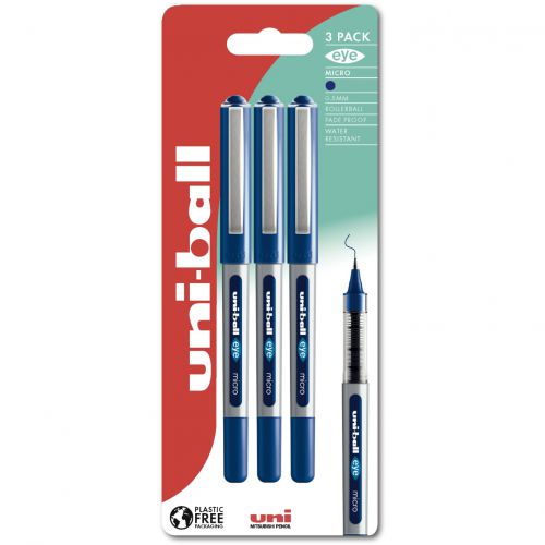Rollerball Pens uni-ball Eye Micro UB-150 Liquid Ink Rollerball Pen 0.5mm Tip 0.3mm Line Plastic Free Packaging Blue (Pack 3)