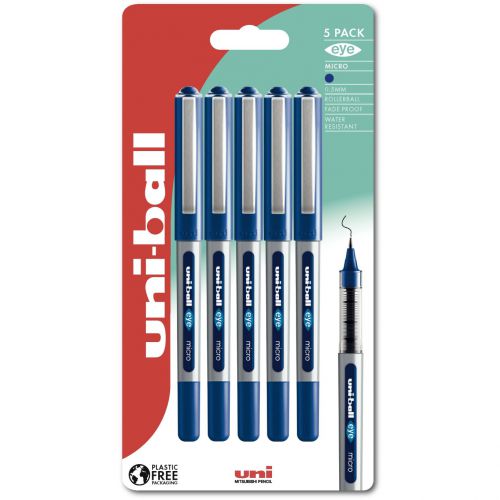 Rollerball Pens uni-ball Eye Micro UB-150 Liquid Ink Rollerball Pen 0.5mm Tip 0.3mm Line Plastic Free Packaging Blue (Pack 5)