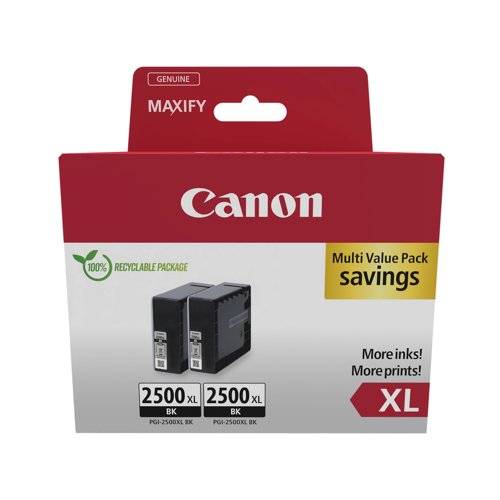 Canon PGI-2500XL Inkjet Cartridge High Capacity Black (Pack 2) 9254B011 Canon PGI-2500XL Inkjet Cartridge High Capacity Black (Pack 2) 9254B011