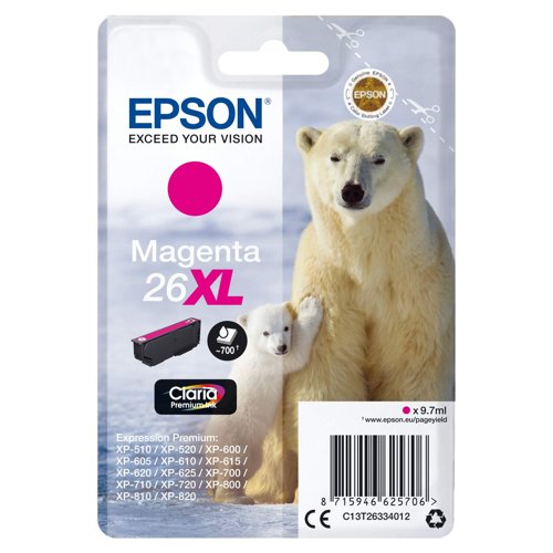 Epson No.26XL Inkjet Cartridge High Capacity Magenta C13T26334012 Epson No.26XL Inkjet Cartridge High Capacity Magenta C13T26334012