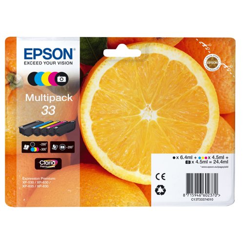 Epson No.33 Inkjet Cartridge 2xBlack/3-Colour Value Pack C13T33374011 Epson No.33 Inkjet Cartridge 2xBlack/3-Colour Value Pack C13T33374011