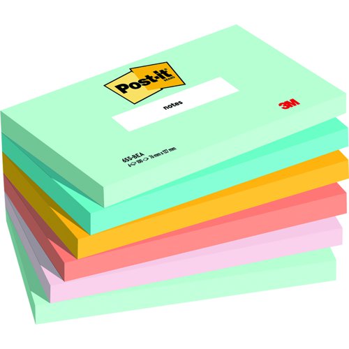 3M Post-it Notes 76x127mm Beachside Colours (Pack 6) 655-6-BEA