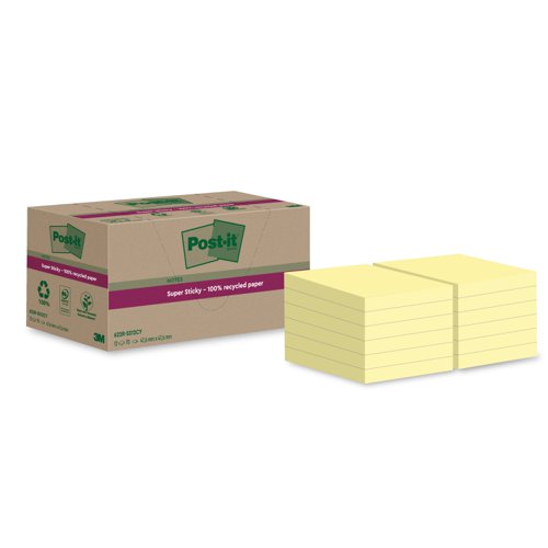 3M Post-it Super Sticky 100% Recycled Notes 47.6x47.6mm Canary Yellow (Pack 12) 622-RSS12CY