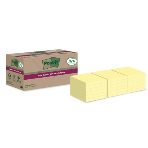 3M Post-it Super Sticky 100% Recycled Notes 76x76mm Canary Yellow (Pack 18) 654-RSSCY-14+4F