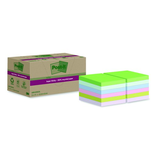 3M Post-it Super Sticky 100% Recycled Notes 47.6x47.6mm Assorted Colours (Pack 12) 622-RSS12COL