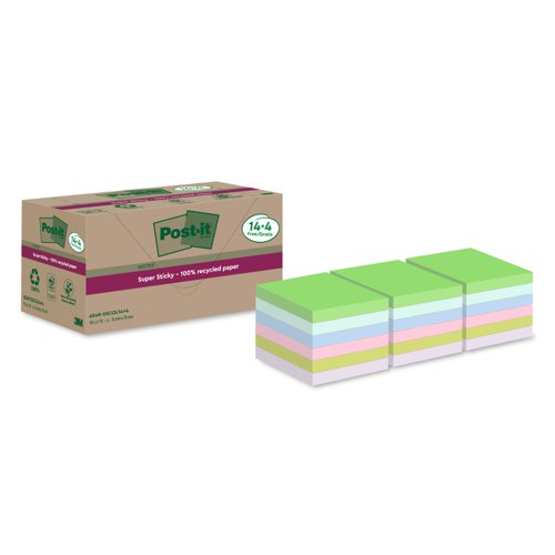 3M Post-it Super Sticky 100% Recycled Notes 76x76mm Assorted Colours (Pack 18) 654-RSSCOL-14+4F