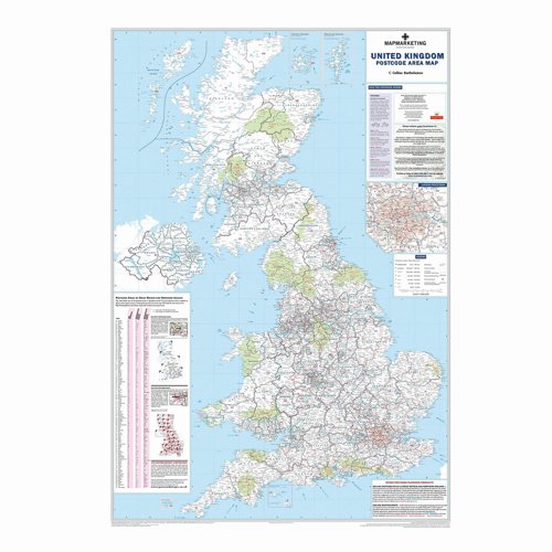 Map+Marketing+Postcode+Areas+Map+Unframed+12.5+Miles+to+1+inch+Scale+W830xH1200mm+Ref+BIPA