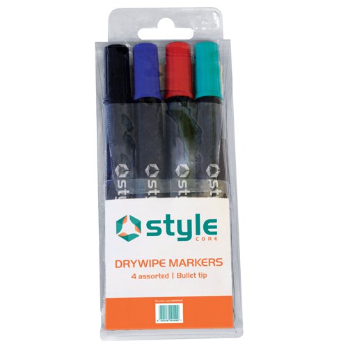 Style CORE Drywipe Bullet Tip Marker Assorted Wallet (4)
