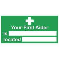 FIRST AIDER LOCATED SIGN 300X150MM PVC