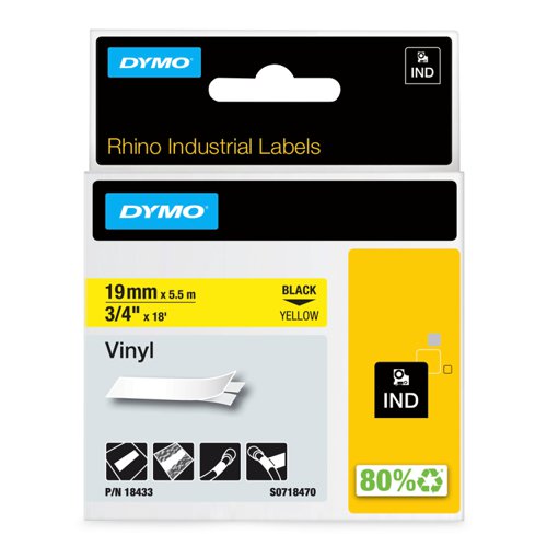 Dymo+Rhino+Industrial+Vinyl+Tape+19mmx5.5m+Black+on+Yellow+18433