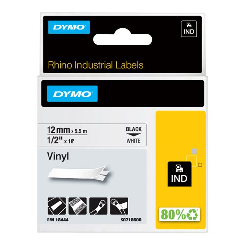 Dymo+Rhino+Industrial+Vinyl+Tape+12mmx5.5m+Black+on+White+18444