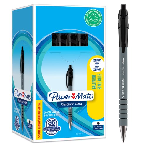 Paper Mate Flexgrip Retract Ultra Ball Pen Med 1.0mm Tip 0.7mm Line Black Ref 1910073 [Pack 30 + 6 free]