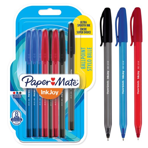 Paper+Mate+InkJoy+100+Ballpoint+Pen+1.0mm+Tip+0.7mm+Line+Black%2FBlue%2FRed+%28Pack+8%29+-+1956745