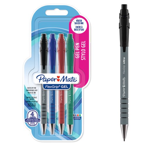 Paper+Mate+Flexgrip+Gel+Rollerball+Pen+0.7mm+Line+Black%2FBlue%2FGreen%2FRed+%28Pack+4%29+-+2108216