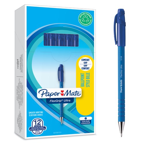 36 Stylos à Bille Bic Round Stic Grip - Pointe Moyenne, Encre Fluide, Grip Confortable - Bleu - Pour école, Bureau, Maison