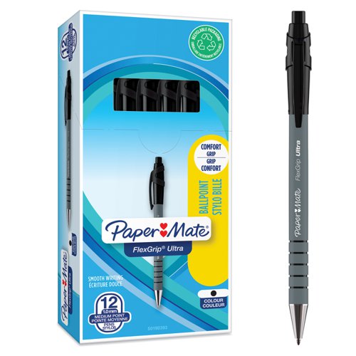 Paper+Mate+Flexgrip+Ultra+Retractable+Ballpoint+Pen+1.0mm+Tip+0.5mm+Line+Black+%28Pack+12%29+-+S0190393