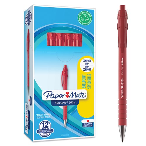 Paper Mate Flexgrip Retractable Ultra Ball Pen Medium 1.0mm Tip 0.7mm Line Red Ref S0190413 [Pack 12]