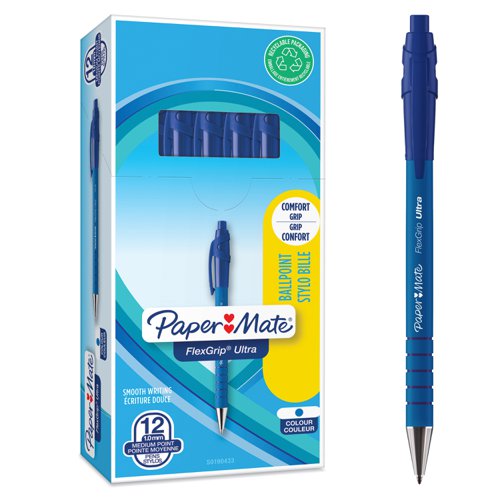 Paper+Mate+Flexgrip+Retractable+Ultra+Ball+Pen+Medium+1.0mm+Tip+0.7mm+Line+Blue+Ref+S0190433+%5BPack+12%5D