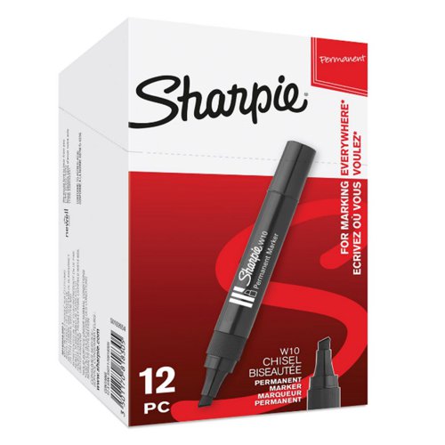 Sharpie+W10+Permanent+Marker+Chisel+Tip+1.5-5mm+Line+Black+%28Pack+12%29+-+S0192654
