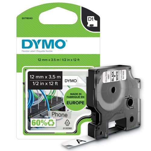 Dymo D1 Tape for Labelmaker Nylon Flexible 12mmx3.5m Black on White Ref 16957 S0718040