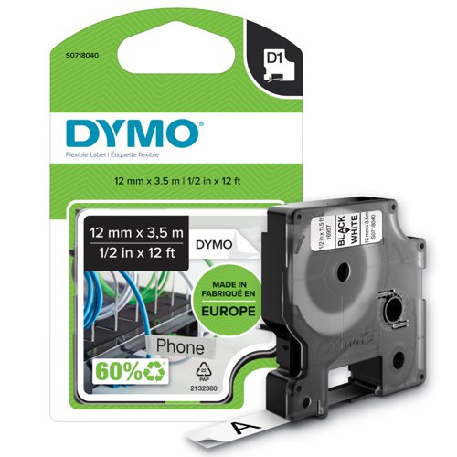 Dymo+D1+Tape+for+Labelmaker+Nylon+Flexible+12mmx3.5m+Black+on+White+Ref+16957+S0718040