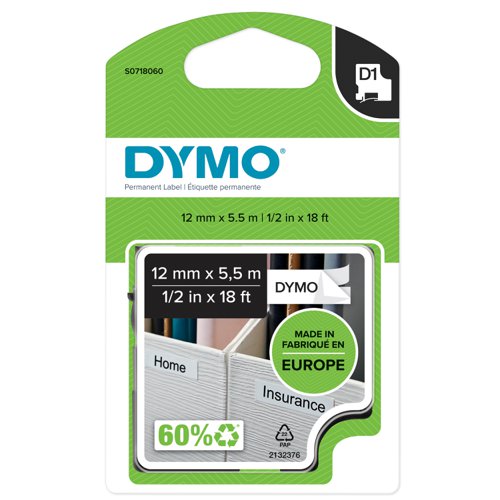 Dymo+D1+Tape+for+Labelmaker+Polyester+Permanent+12x5.5mm+Black+on+White+Ref+16959+S0718060