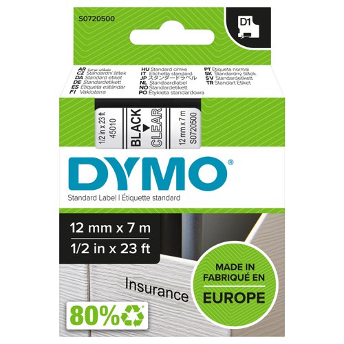 Dymo+D1+Tape+for+Electronic+Labelmakers+12mmx7m+Black+on+Clear+Ref+45010+S0720500