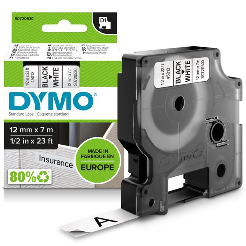Dymo+D1+Label+Tape+12mmx7m+Black+on+White+-+S0720530
