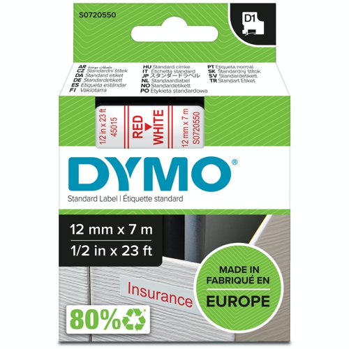 Dymo+D1+Label+Tape+12mmx7m+Red+on+White+-+S0720550