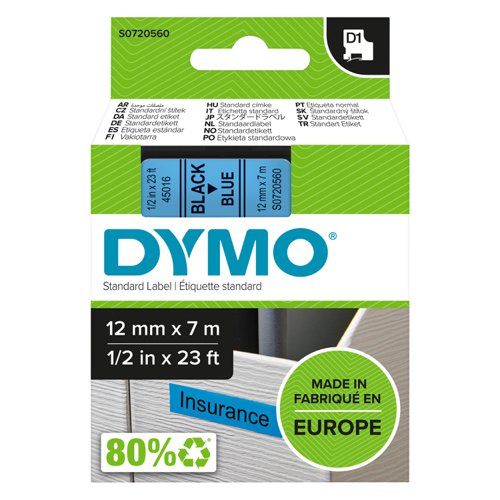 Dymo+D1+Label+Tape+12mmx7m+Black+on+Blue+-+S0720560